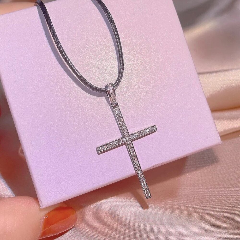 NWT Cross Pendant Necklace S925 Sterling Silver Choker Black Cord CZ Inlaid 17” - Picture 5 of 10